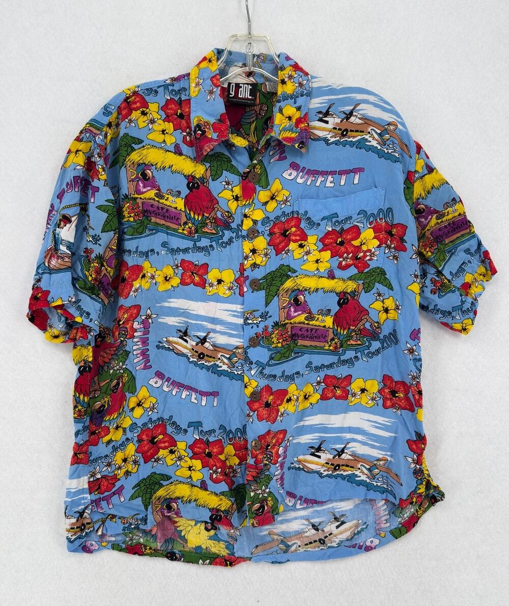 Vintage Jimmy Buffett Tour 2000 Giant Blue Tropical Hawaiian Shirt Sz S